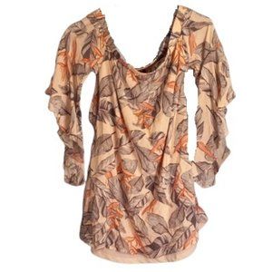 Lulu's S Top Tropical Leaves Dramatic Angel Sleeves